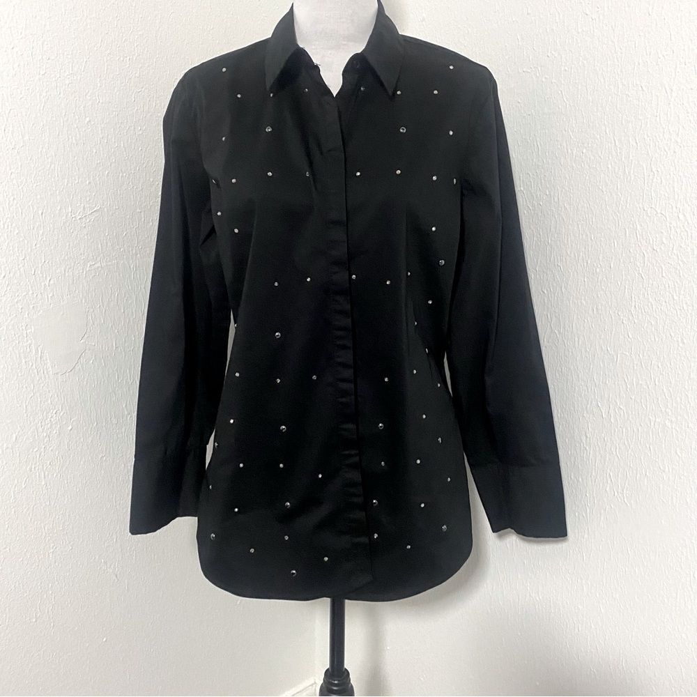 New York & Company 7th Avenue Size Large Black Embellished Button Up Shirt